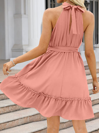 Shop Ruched Grecian Neck Tie Waist Mini Dress Now On Klozey Store - Trendy U.S. Premium Women Apparel & Accessories And Be Up-To-Fashion!