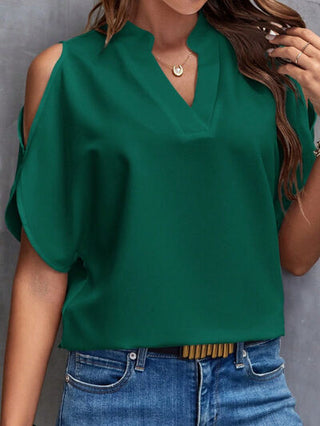 Shop Notched Cold Shoulder Blouse Now On Klozey Store - Trendy U.S. Premium Women Apparel & Accessories And Be Up-To-Fashion!