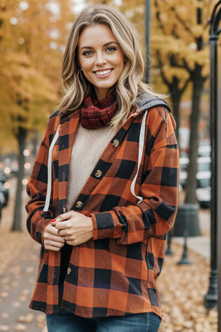 Shop Plaid Button Up Drawstring Hooded Shacket Now On Klozey Store - Trendy U.S. Premium Women Apparel & Accessories And Be Up-To-Fashion!