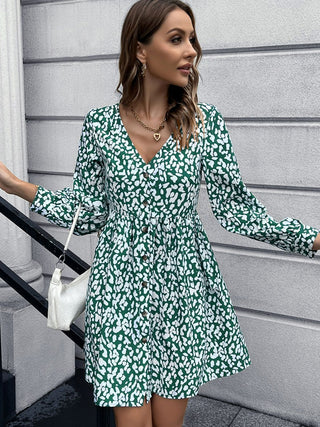 Shop Animal Print Buttoned V-Neck Long Sleeve Dress Now On Klozey Store - U.S. Fashion And Be Up-To-Fashion!