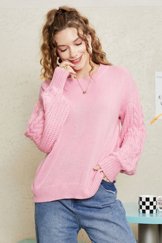 Shop Double Take Round Neck Cable-Knit Dropped Shoulder Sweater Now On Klozey Store - Trendy U.S. Premium Women Apparel & Accessories And Be Up-To-Fashion!