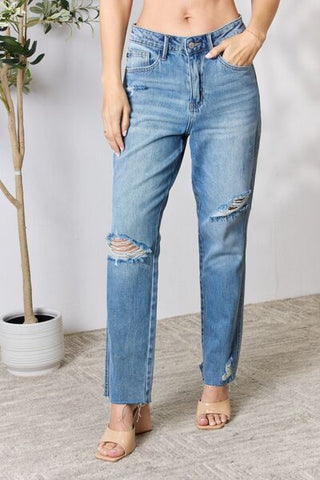 Shop Judy Blue Full Size Distressed Raw Hem Straight Jeans Now On Klozey Store - Trendy U.S. Premium Women Apparel & Accessories And Be Up-To-Fashion!