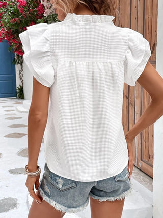 Shop Ruffled Notched Cap Sleeve Blouse Now On Klozey Store - Trendy U.S. Premium Women Apparel & Accessories And Be Up-To-Fashion!