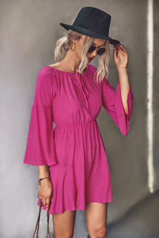 Shop Tie Neck Flare Sleeve Mini Dress Now On Klozey Store - Trendy U.S. Premium Women Apparel & Accessories And Be Up-To-Fashion!