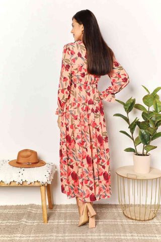 Shop Double Take Floral Frill Trim Flounce Sleeve Plunge Maxi Dress Now On Klozey Store - Trendy U.S. Premium Women Apparel & Accessories And Be Up-To-Fashion!