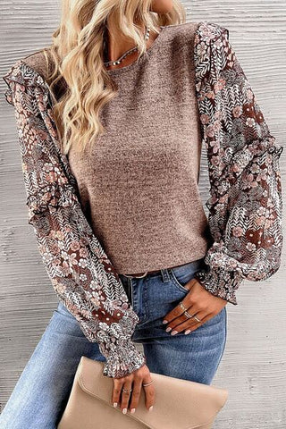 Shop Heathered Floral Frill Lantern Sleeve Blouse Now On Klozey Store - Trendy U.S. Premium Women Apparel & Accessories And Be Up-To-Fashion!