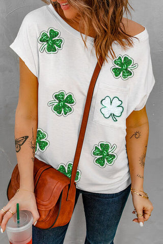 Shop Sequin Lucky Clover Boat Neck T-Shirt Now On Klozey Store - Trendy U.S. Premium Women Apparel & Accessories And Be Up-To-Fashion!