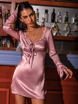 Shop Tied Sweetheart Neck Long Sleeve Night Dress Now On Klozey Store - Trendy U.S. Premium Women Apparel & Accessories And Be Up-To-Fashion!