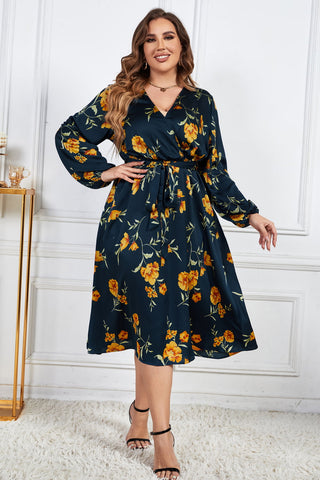 Shop Melo Apparel Plus Size Floral Print Surplice Neck Midi Dress Now On Klozey Store - Trendy U.S. Premium Women Apparel & Accessories And Be Up-To-Fashion!