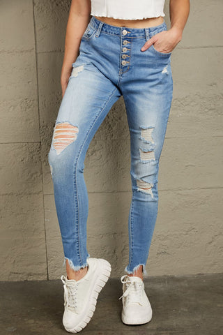 Shop Baeful Button Front Frayed Ankle Skinny Jeans Now On Klozey Store - Trendy U.S. Premium Women Apparel & Accessories And Be Up-To-Fashion!