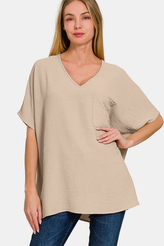 Shop Zenana Full Size Texture V-Neck Short Sleeve Top Now On Klozey Store - Trendy U.S. Premium Women Apparel & Accessories And Be Up-To-Fashion!