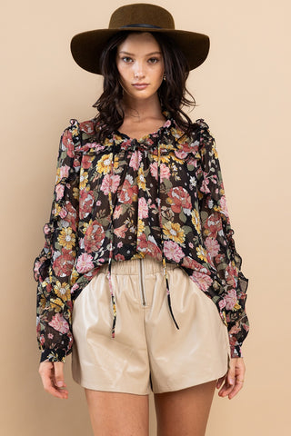 Shop Ces Femme Ruffle Trim Long Sleeve Floral Blouse Now On Klozey Store - Trendy U.S. Premium Women Apparel & Accessories And Be Up-To-Fashion!