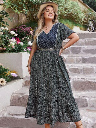 Shop Plus Size Printed V-Neck Flutter Sleeve Midi Dress Now On Klozey Store - Trendy U.S. Premium Women Apparel & Accessories And Be Up-To-Fashion!