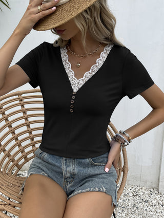 Shop Lace Trim V-Neck Short Sleeve Blouse Now On Klozey Store - Trendy U.S. Premium Women Apparel & Accessories And Be Up-To-Fashion!