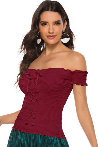 Shop Lace-Up Front Lettuce Hem Off-Shoulder Knit Top Now On Klozey Store - Trendy U.S. Premium Women Apparel & Accessories And Be Up-To-Fashion!