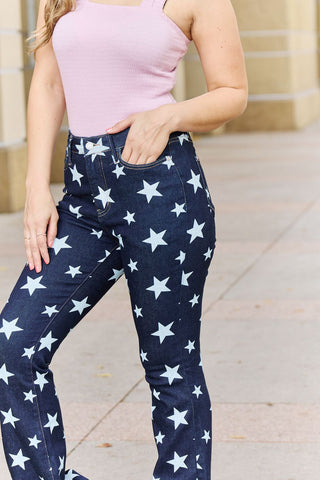 Shop Judy Blue Janelle Full Size High Waist Star Print Flare Jeans Now On Klozey Store - Trendy U.S. Premium Women Apparel & Accessories And Be Up-To-Fashion!