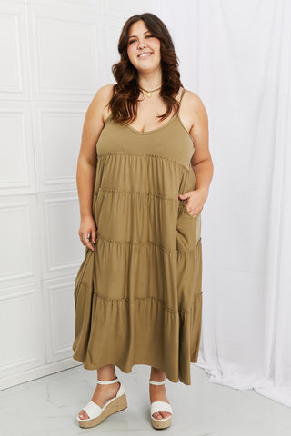 Shop Zenana Full Size Spaghetti Strap Tiered Dress with Pockets in Khaki Now On Klozey Store - Trnedy U.S. Premium Women Apparel & Accessories And Be Up-To-Fashion!