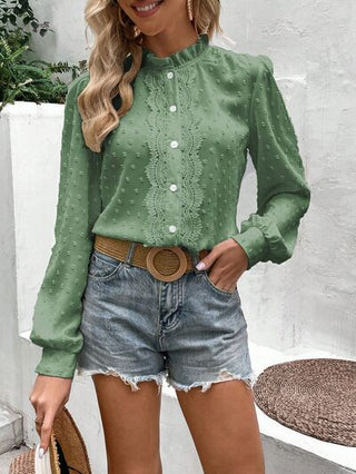 Shop Swiss Dot Lace Detail Button Up Long Sleeve Shirt Now On Klozey Store - Trendy U.S. Premium Women Apparel & Accessories And Be Up-To-Fashion!