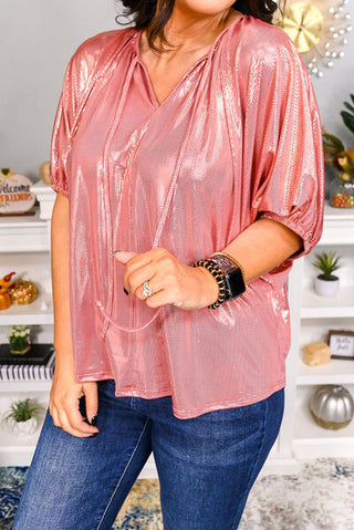 Shop Tie Neck Metallic Half Sleeve T-Shirt Now On Klozey Store - Trendy U.S. Premium Women Apparel & Accessories And Be Up-To-Fashion!
