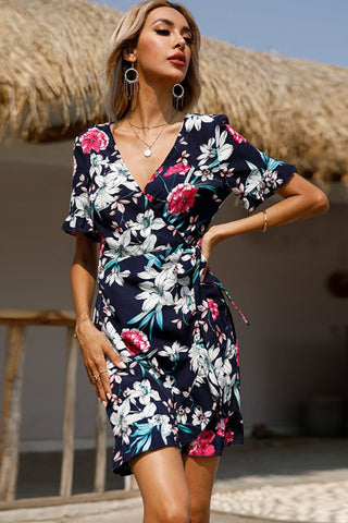Shop Floral Tied Flounce Sleeve Surplice Dress Now On Klozey Store - Trendy U.S. Premium Women Apparel & Accessories And Be Up-To-Fashion!