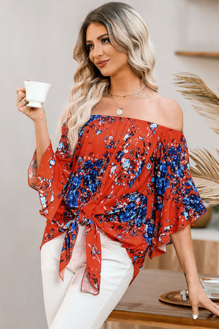Shop Tied Printed Off-Shoulder Half Sleeve Blouse Now On Klozey Store - Trendy U.S. Premium Women Apparel & Accessories And Be Up-To-Fashion!