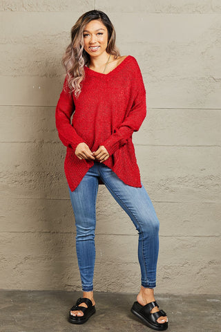 Shop Heimish By The Fire Full Size Draped Detail Knit Sweater Now On Klozey Store - Trendy U.S. Premium Women Apparel & Accessories And Be Up-To-Fashion!