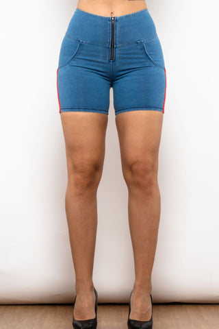 Shop Full Size Side Stripe Zip Closure Denim Shorts Now On Klozey Store - Trendy U.S. Premium Women Apparel & Accessories And Be Up-To-Fashion!