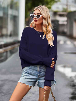 Shop Dropped Shoulder Round Neck Long Sleeve Knit Top Now On Klozey Store - Trendy U.S. Premium Women Apparel & Accessories And Be Up-To-Fashion!