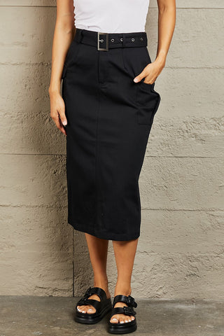 Shop HYFVE Professional Poise Buckled Midi Skirt Now On Klozey Store - Trendy U.S. Premium Women Apparel & Accessories And Be Up-To-Fashion!