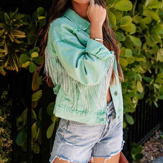 Shop Fringe Detail Long Sleeve Denim Jacket Now On Klozey Store - Trendy U.S. Premium Women Apparel & Accessories And Be Up-To-Fashion!