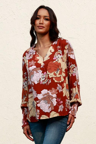 Shop Floral V-Neck Smocked Lantern Sleeve Blouse Now On Klozey Store - Trendy U.S. Premium Women Apparel & Accessories And Be Up-To-Fashion!