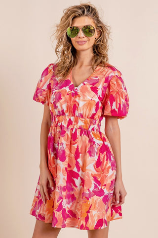 Shop BiBi Floral V-Neck Puff Sleeve Mini Dress Now On Klozey Store - Trendy U.S. Premium Women Apparel & Accessories And Be Up-To-Fashion!