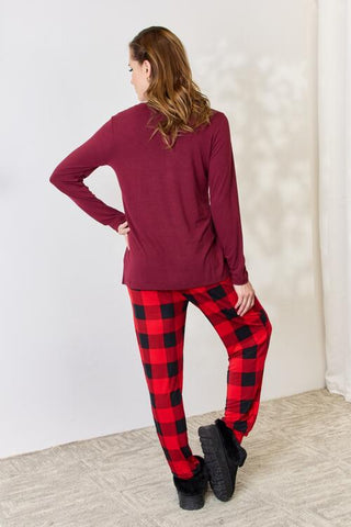 Shop Zenana Full Size Plaid Round Neck Top and Pants Pajama Set Now On Klozey Store - Trendy U.S. Premium Women Apparel & Accessories And Be Up-To-Fashion!