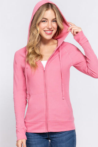 Shop ACTIVE BASIC Waffle Knit Drawstring Zip Up Long Sleeve Hoodie Now On Klozey Store - Trendy U.S. Premium Women Apparel & Accessories And Be Up-To-Fashion!