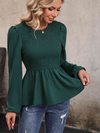 Shop Round Neck Smocked Balloon Sleeve Top Now On Klozey Store - Trendy U.S. Premium Women Apparel & Accessories And Be Up-To-Fashion!