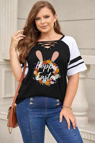 Shop Plus Size HOPPY EASTER Graphic Crisscross V-Neck Tee Now On Klozey Store - Trendy U.S. Premium Women Apparel & Accessories And Be Up-To-Fashion!