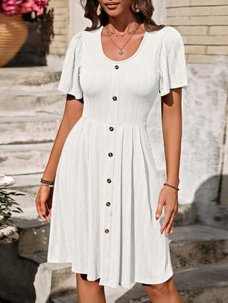 Shop Decorative Button Scoop Neck Short Sleeve Dress Now On Klozey Store - Trendy U.S. Premium Women Apparel & Accessories And Be Up-To-Fashion!