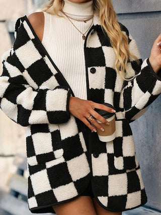Shop Double Take Full Size Checkered Button Front Coat with Pockets Now On Klozey Store - Trendy U.S. Premium Women Apparel & Accessories And Be Up-To-Fashion!