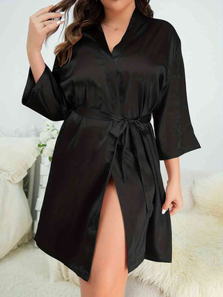 Shop Plus Size Surplice Neck Tie Waist Robe Now On Klozey Store - Trendy U.S. Premium Women Apparel & Accessories And Be Up-To-Fashion!
