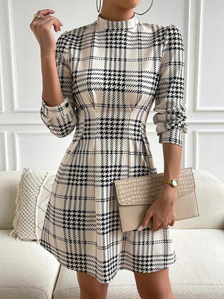 Shop Houndstooth Mock Neck Cinched Mini Dress Now On Klozey Store - Trendy U.S. Premium Women Apparel & Accessories And Be Up-To-Fashion!