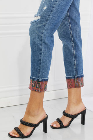 Shop Judy Blue Gina Full Size Mid Rise Paisley Patch Cuff Boyfriend Jeans Now On Klozey Store - Trendy U.S. Premium Women Apparel & Accessories And Be Up-To-Fashion!