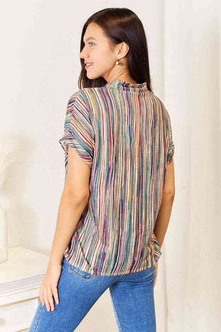 Shop Double Take Multicolored Stripe Notched Neck Top Now On Klozey Store - Trendy U.S. Premium Women Apparel & Accessories And Be Up-To-Fashion!