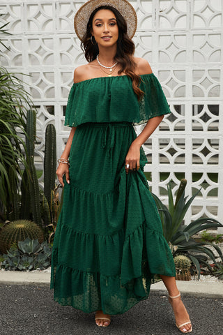 Shop Swiss Dot Off-Shoulder Tiered Maxi Dress Now On Klozey Store - Trendy U.S. Premium Women Apparel & Accessories And Be Up-To-Fashion!