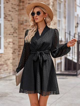 Shop Belted Surplice Neck Long Sleeve Mini Dress Now On Klozey Store - Trendy U.S. Premium Women Apparel & Accessories And Be Up-To-Fashion!