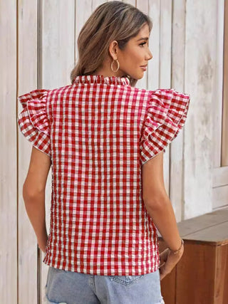 Shop Ruffled Plaid Notched Cap Sleeve Blouse Now On Klozey Store - Trendy U.S. Premium Women Apparel & Accessories And Be Up-To-Fashion!