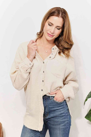 Shop Zenana Take A Break Gauze Raw Edge Button-Up Shirt Now On Klozey Store - U.S. Fashion And Be Up-To-Fashion!