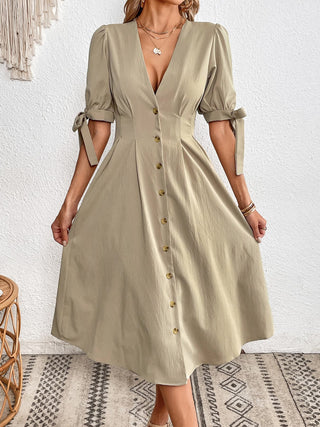 Shop Tie Cuff Deep V Button Down Dress Now On Klozey Store - Trendy U.S. Premium Women Apparel & Accessories And Be Up-To-Fashion!