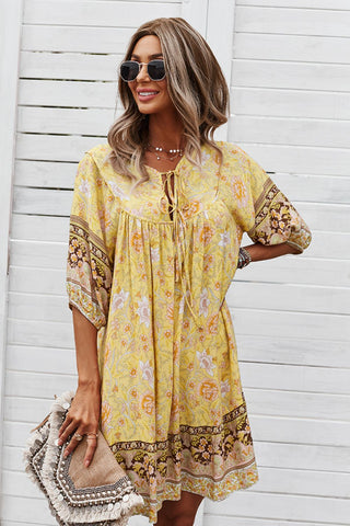 Shop Bohemian Tie Neck Mini Dress Now On Klozey Store - Trendy U.S. Premium Women Apparel & Accessories And Be Up-To-Fashion!