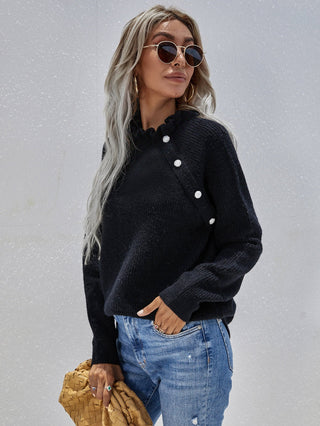 Shop Button Detail Frill Neck Rib-Knit Sweater Now On Klozey Store - Trendy U.S. Premium Women Apparel & Accessories And Be Up-To-Fashion!