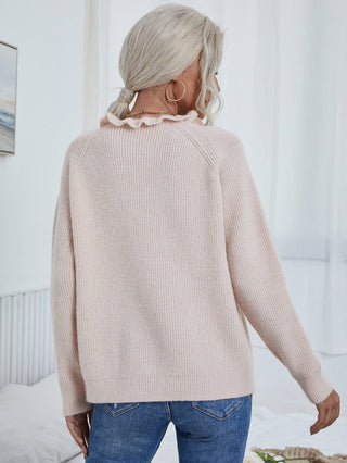 Shop Button Detail Frill Neck Rib-Knit Sweater Now On Klozey Store - U.S. Fashion And Be Up-To-Fashion!